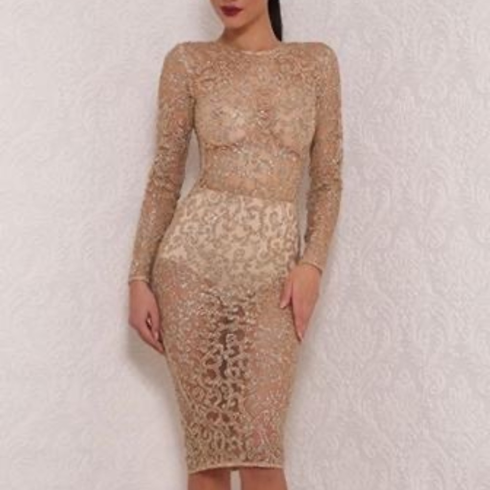 Gold long sleeve bodycon midi party dress